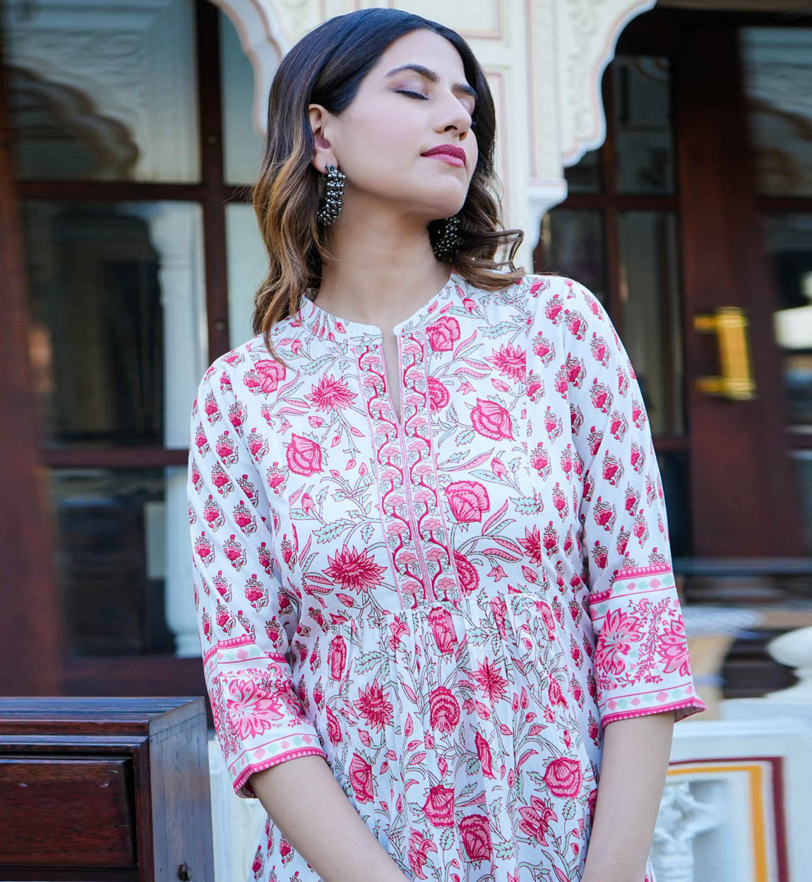 Light green and pink floral Cotton print short kurti top – Threads
